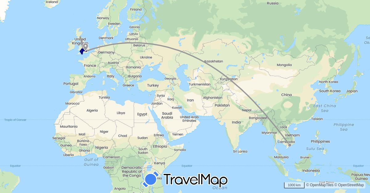 TravelMap itinerary: driving, plane in United Kingdom, Vietnam (Asia, Europe)